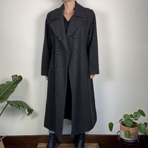 Vintage 80s Adolfo Studio Charcoal Wool Double-Breasted Winter Trench Overcoat